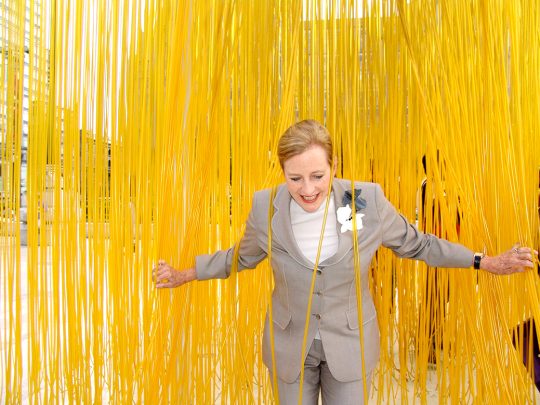 Patricia Phelps de Cisneros interacting with Jesús Rafael Soto’s Penetrable (1990) in front of the Museo del Palacio de Bellas Artes, Mexico City, 2006